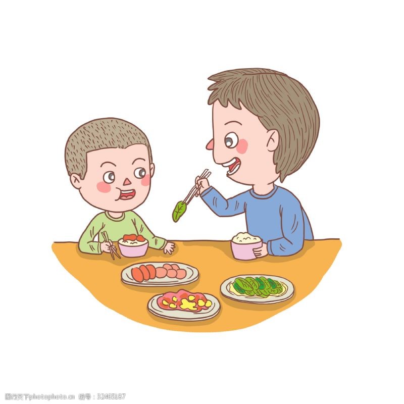 卡通手绘人物父亲和儿子吃饭