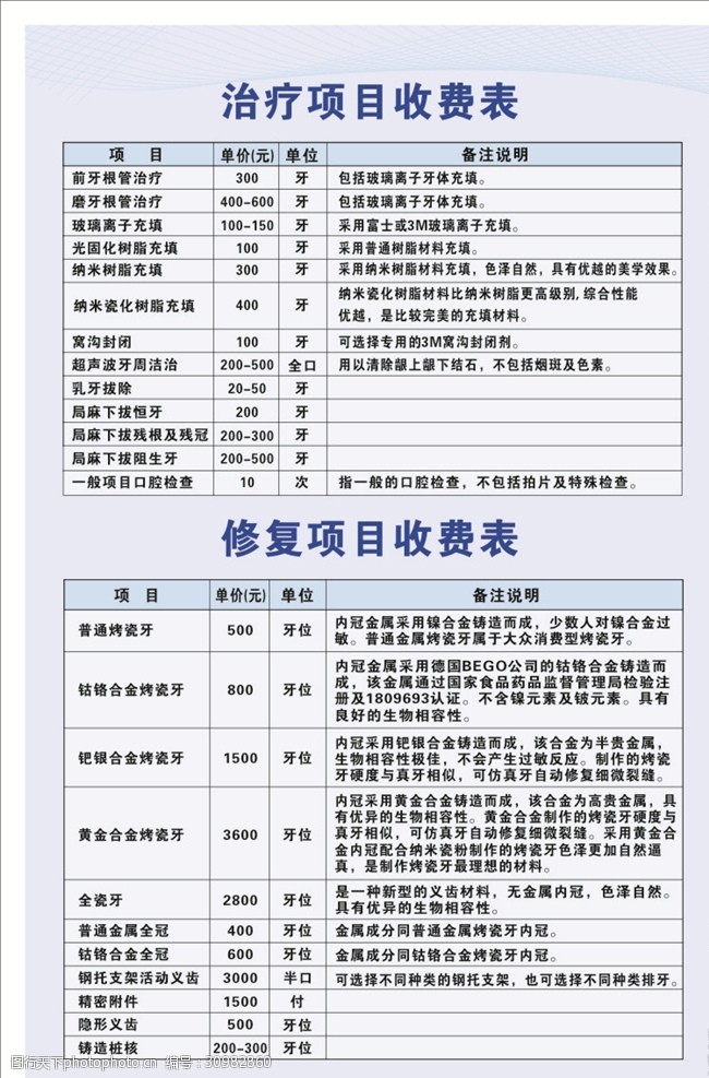 齿科价目表牙科价目表