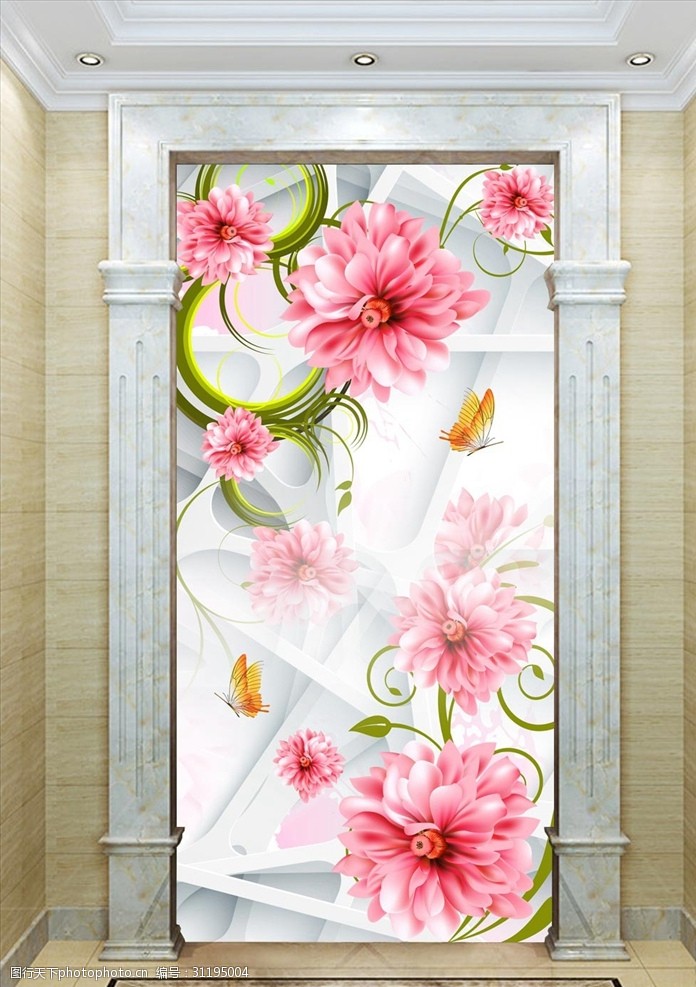 墙体文化3D立体粉色浪漫花朵玄关