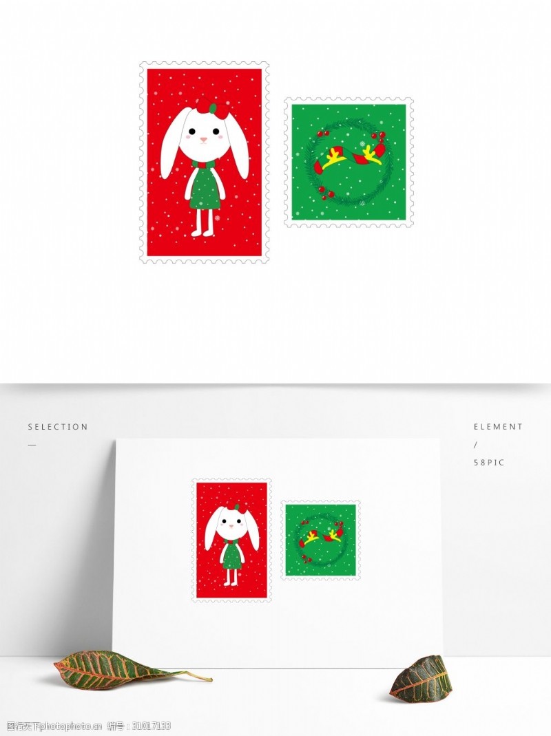 贴纸邮票可爱矢量圣诞兔子鹿角邮票贴纸