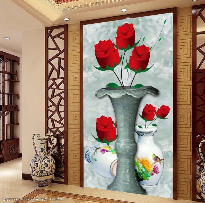 墙体文化浪漫红玫瑰花瓶大理石玄关