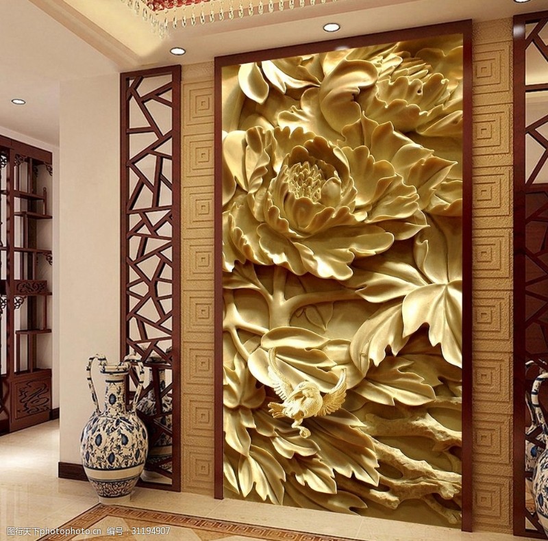 墙体文化木雕牡丹花中式3D玄关