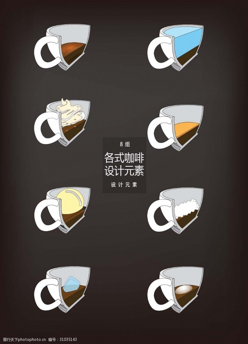 茶杯各类咖啡切面成分分析设计元素