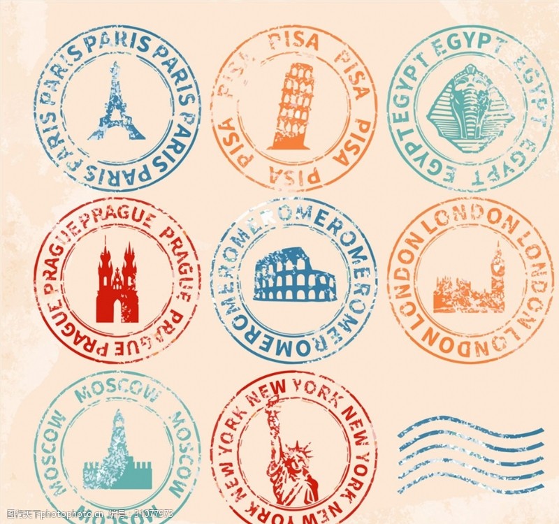 伦敦旅游景点8款复古著名景点邮戳矢量素材