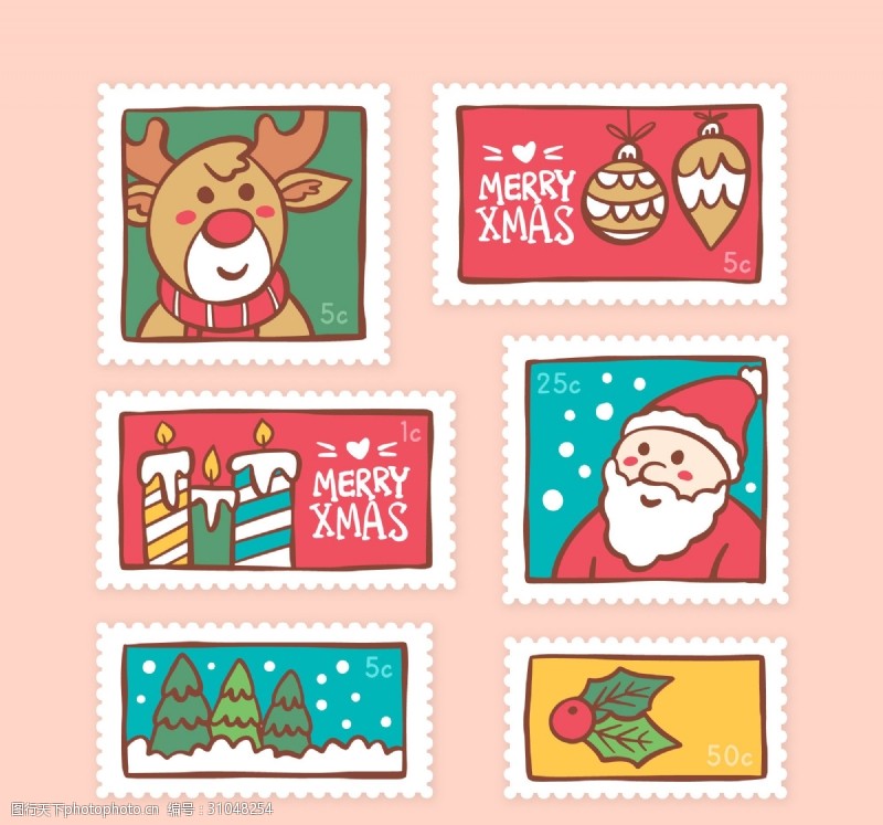 手绘邮票手绘圣诞风格邮票