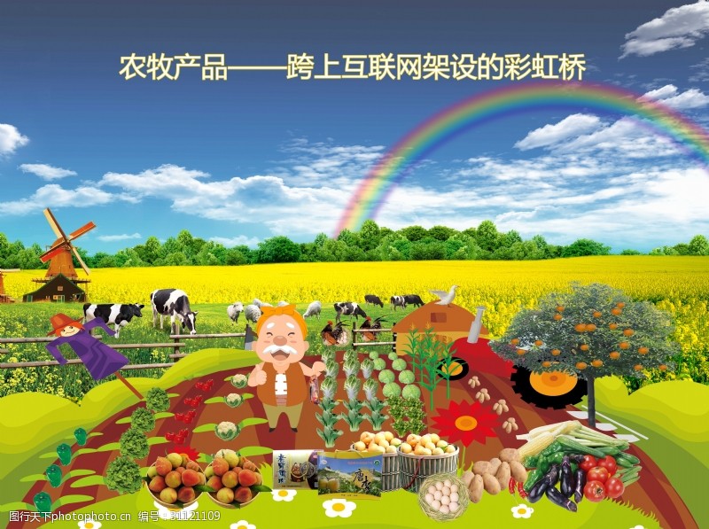 油菜花海报农民土地麦田蓝天彩虹农产品促销海报
