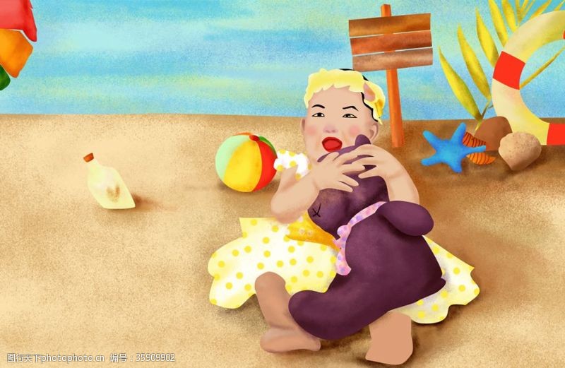 天上的儿童沙滩上玩耍的小宝贝插画