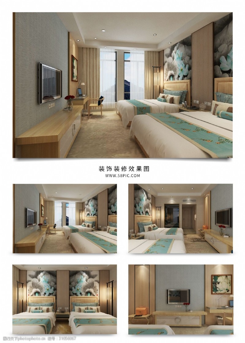 客房标准效果图现代新中式客房双人间装修效果图