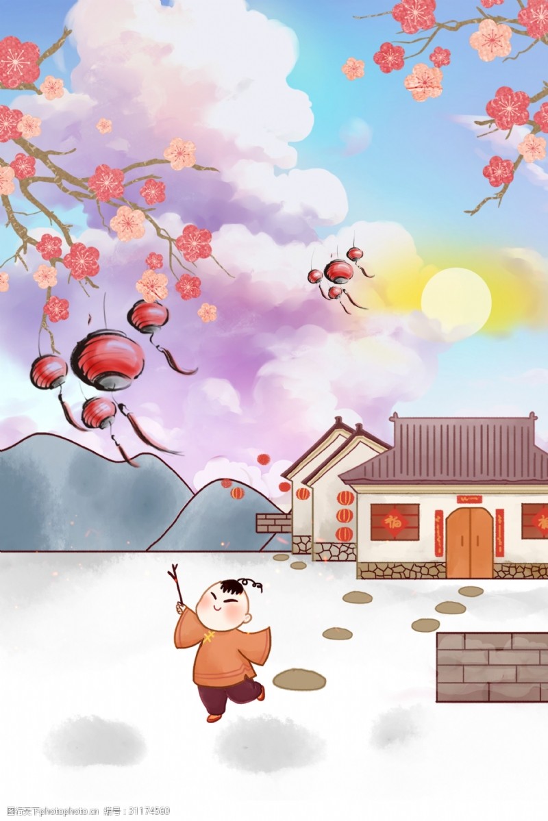 春节回家彩绘中国风春节背景素材