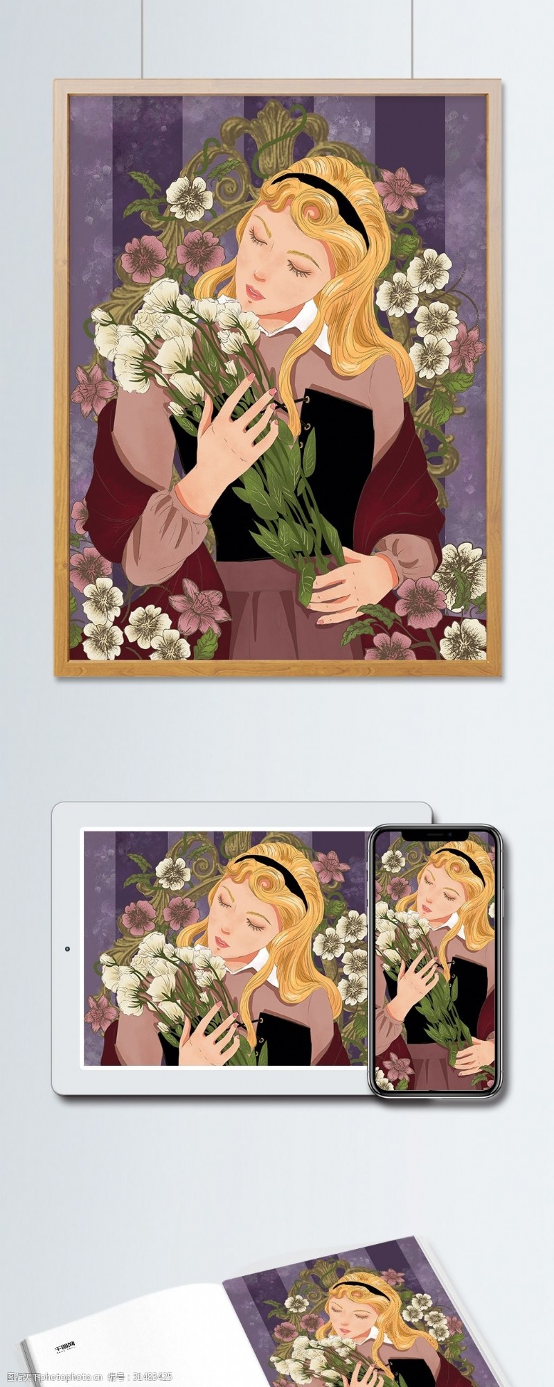 日式风欧式复古人物画像抱着桔梗花的公主插画