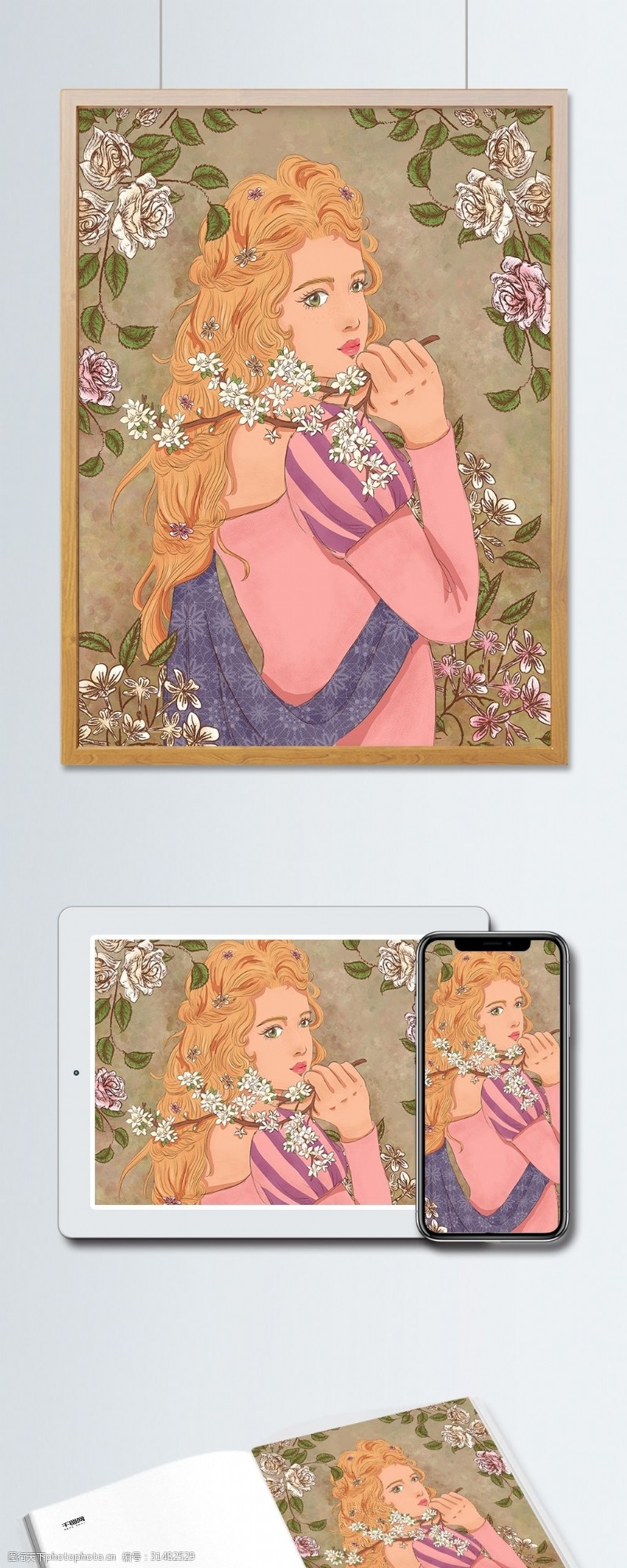 日式风复古欧式人像拿着桃花的公主手绘插画