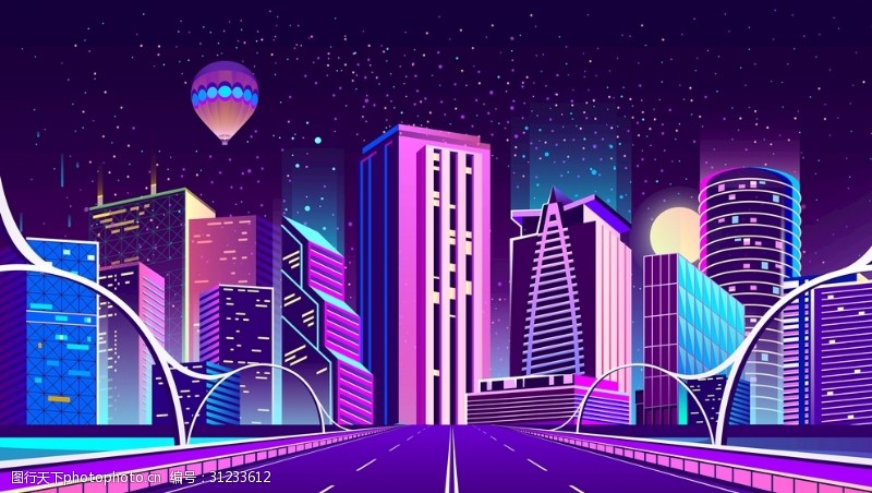霓虹灯矢量城市建筑夜景图