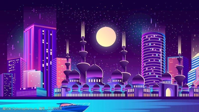 卡通月亮船矢量城市建筑夜景图