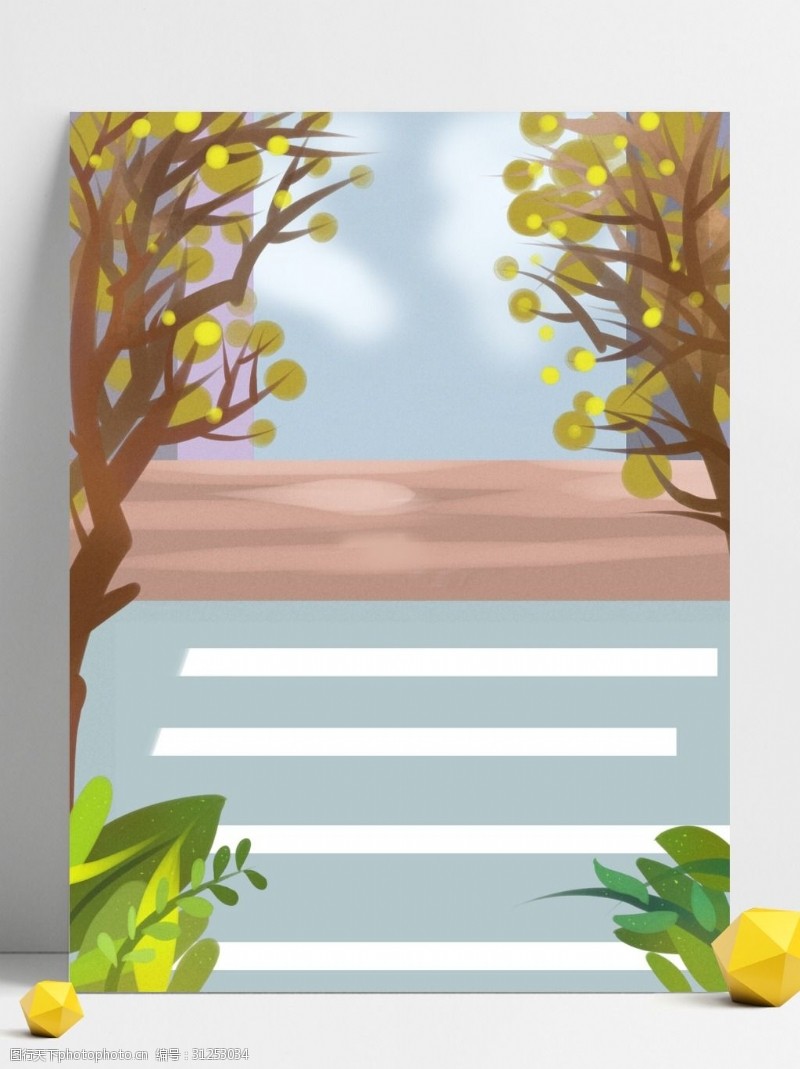 交通文明手绘黄树叶下的斑马线背景素材