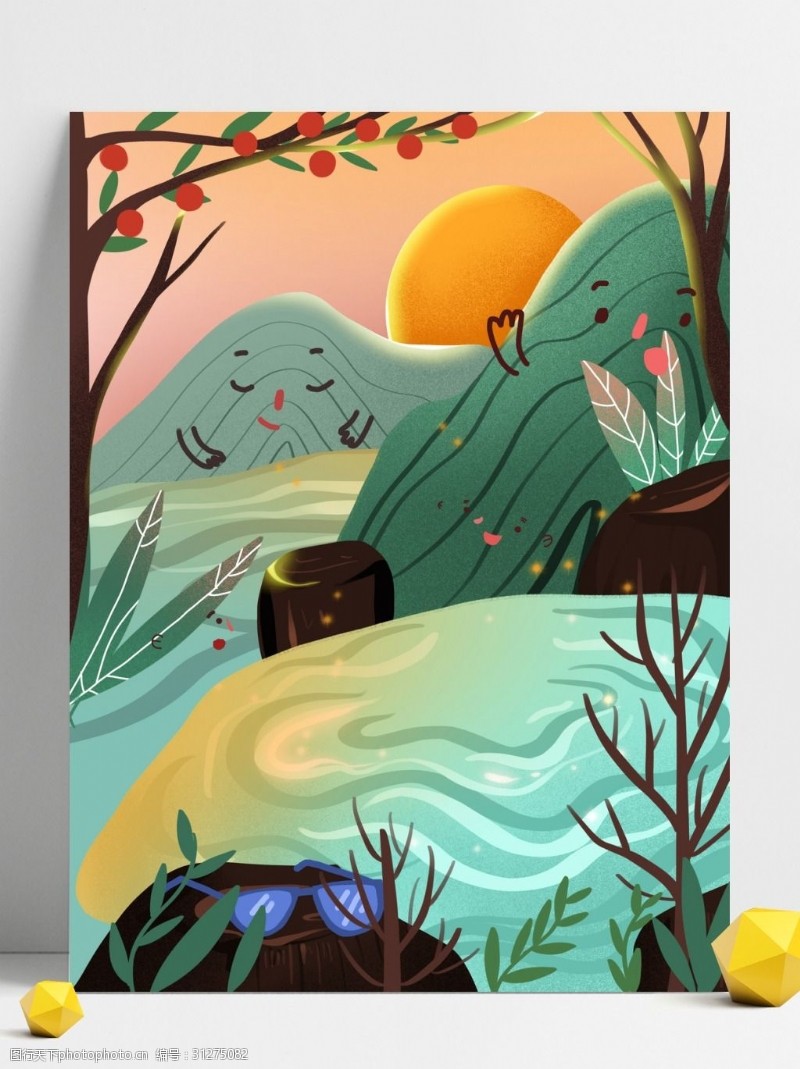 月镜山彩绘春季山河风景背景设计