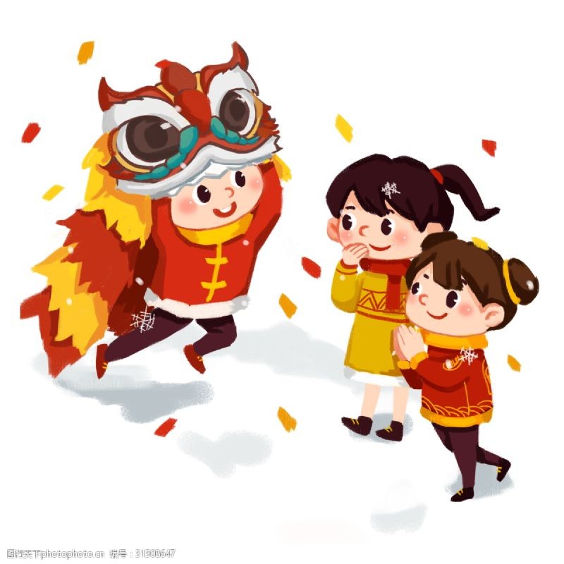 三个小女孩2019年手绘中国风小朋友舞狮子过新年