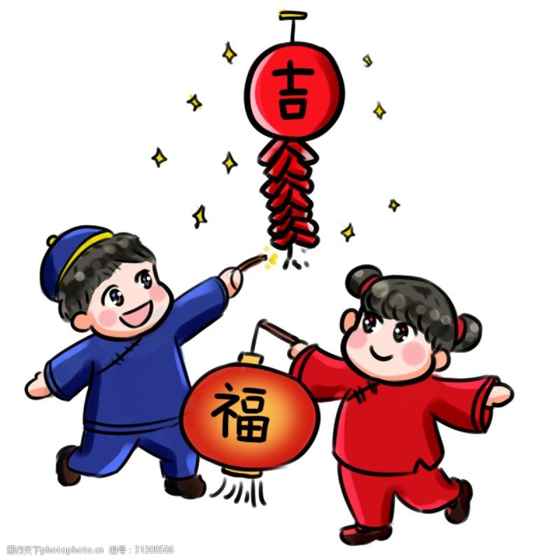 最新2019年新年快乐系列卡通手绘Q版庆祝鞭炮