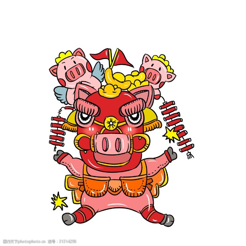 小猪2019年猪年舞狮子猪猪手绘插画
