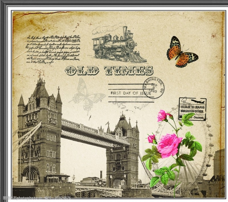 手绘电话亭伦敦大桥花卉蝴蝶无框画
