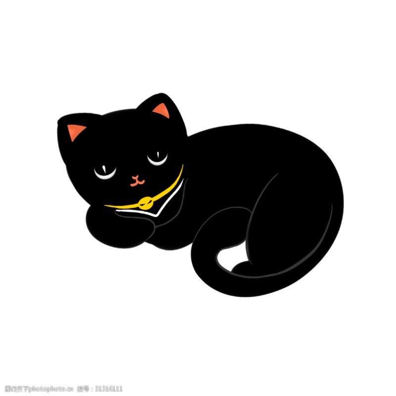 金色铃铛趴着休息的可爱小黑猫