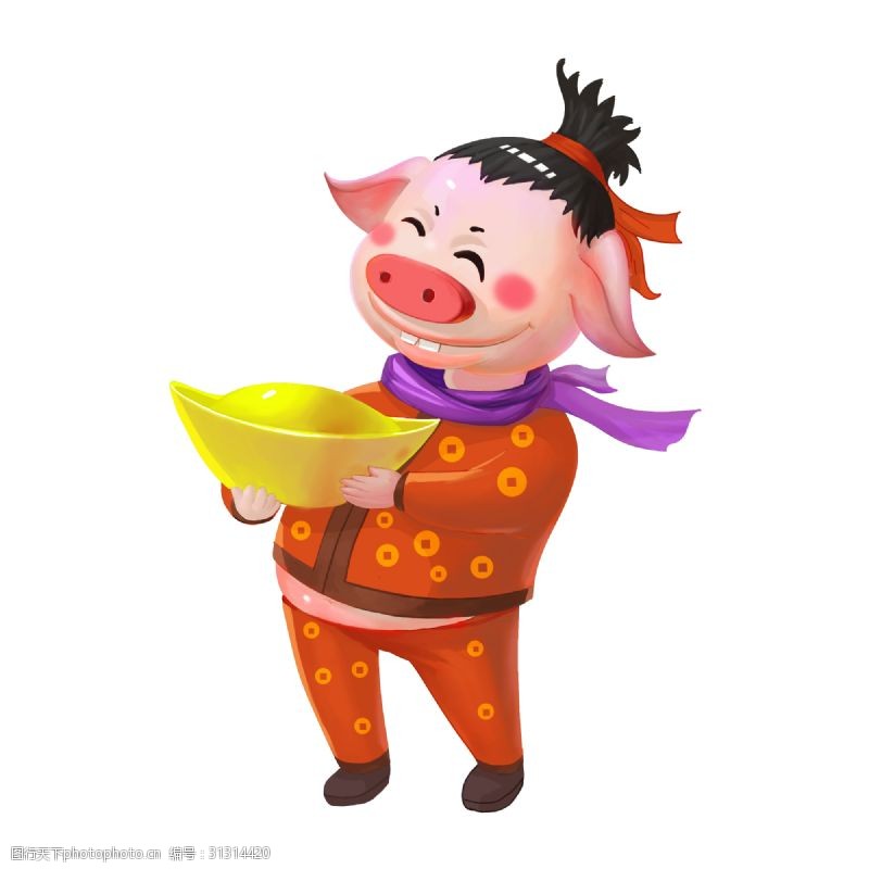 新年小猪之小猪财神派元宝喜庆手绘插画