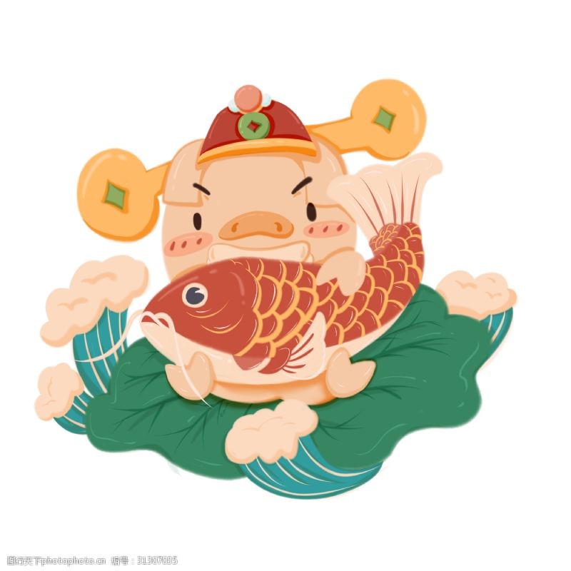 新年新春抱着锦鲤传好运的吉祥猪
