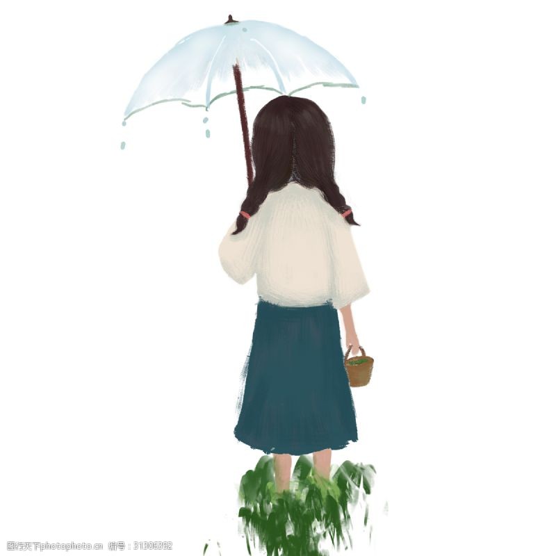 辫子女孩雨中撑着伞漫过草地的小女孩背影免抠图