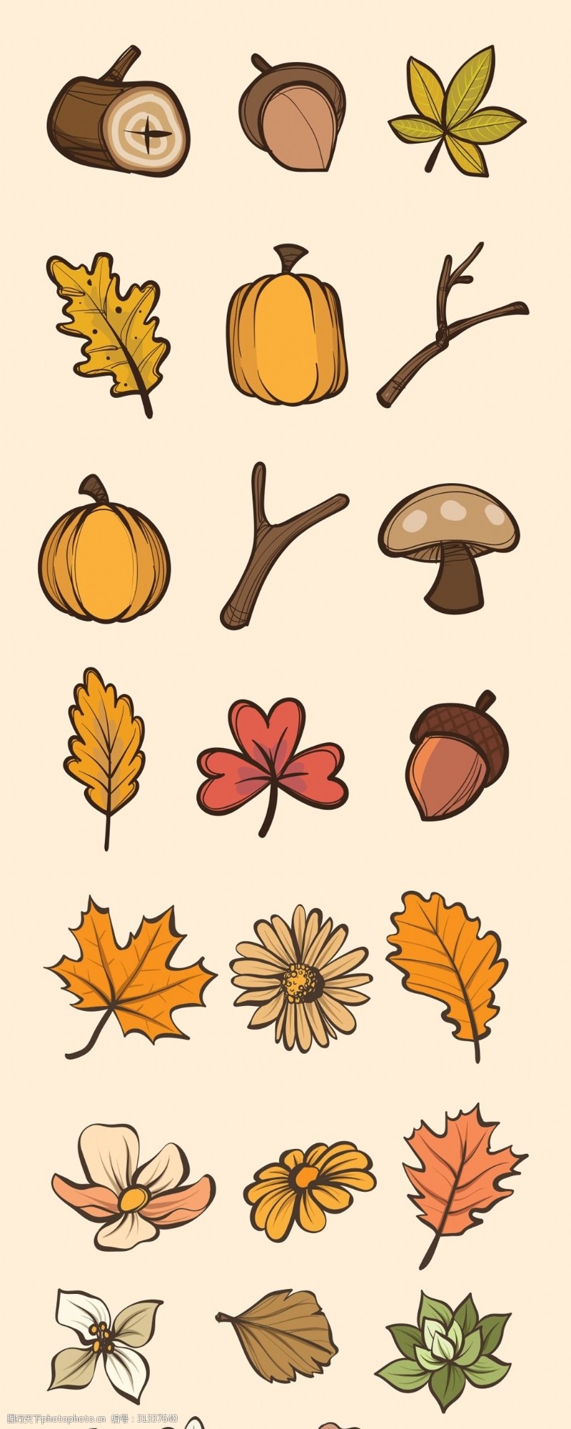 秋天元素多款手绘秋天树叶小图标设计元素模板