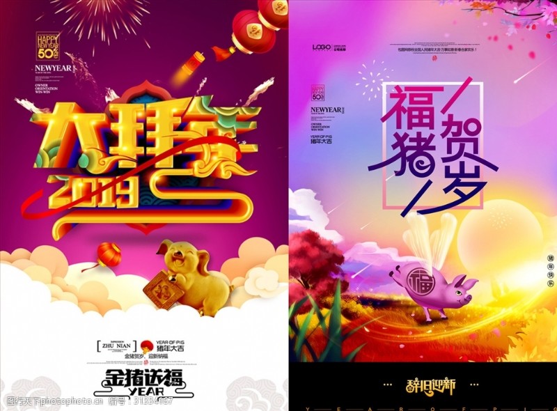 牡丹花艺术节新年春节喜庆背景图海报两张