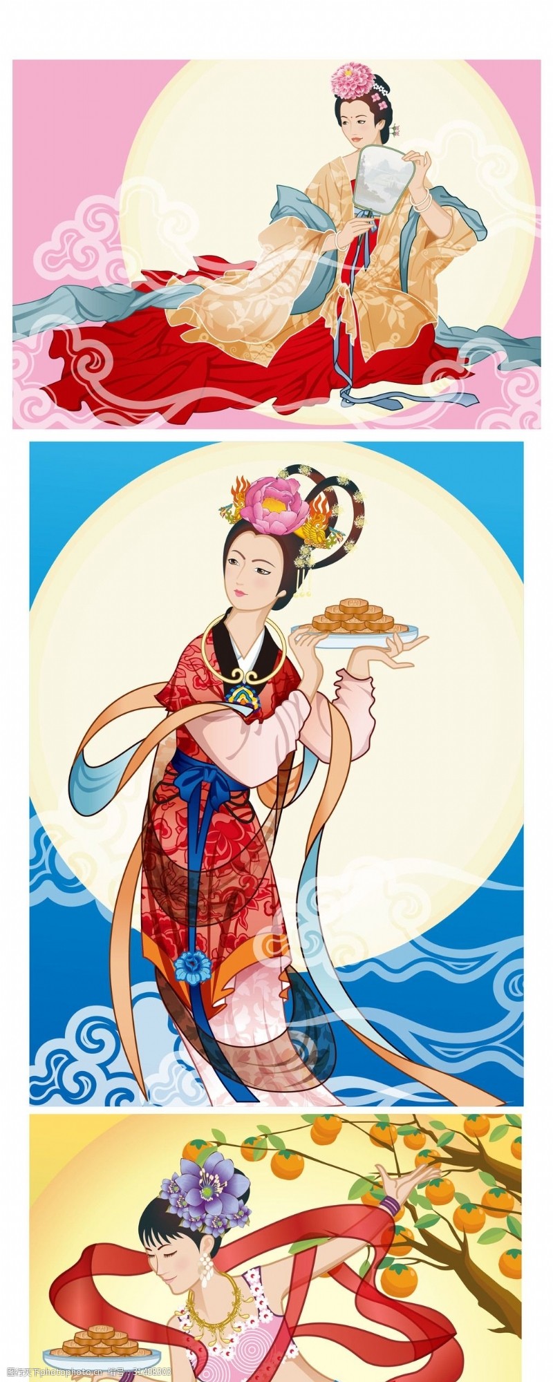 月饼包装矢量素材中秋节手绘美女仕女矢量素材