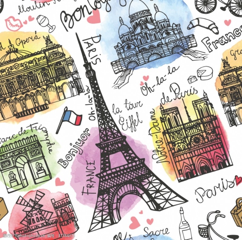 复古邮票巴黎铁塔手绘建筑