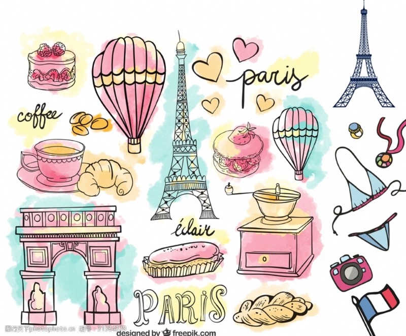 法国邮戳水彩手绘法国旅行素材