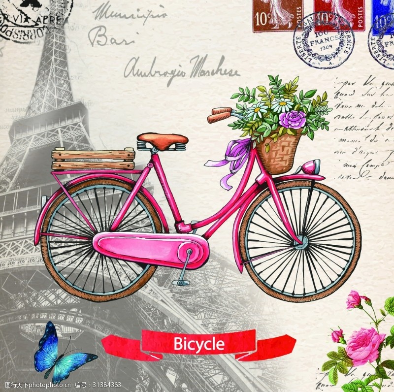 法国邮戳铁塔花篮自行车