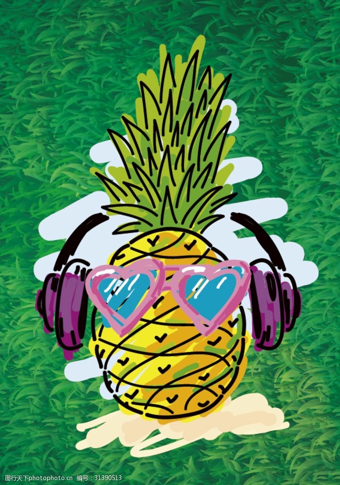卡通菠萝矢量图带耳塞听音乐的菠萝
