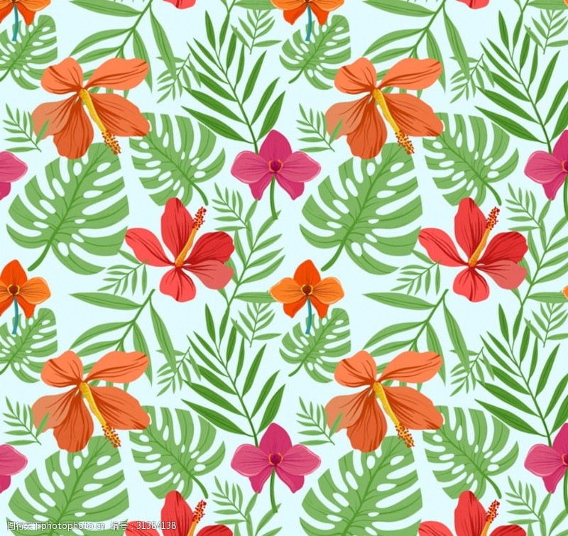 红棕榈热带植物花卉背景
