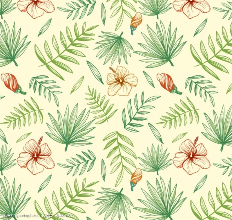 红棕榈手绘热带植物花卉背景