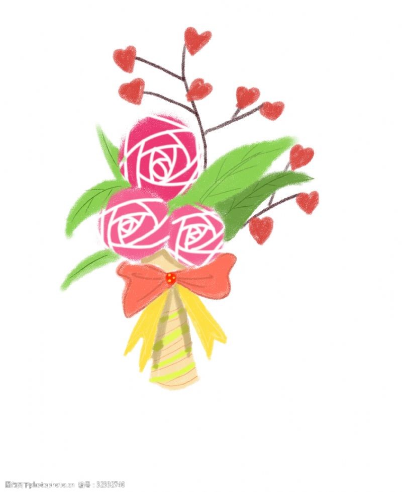 橘红色玫瑰花情人节手绘花束插画