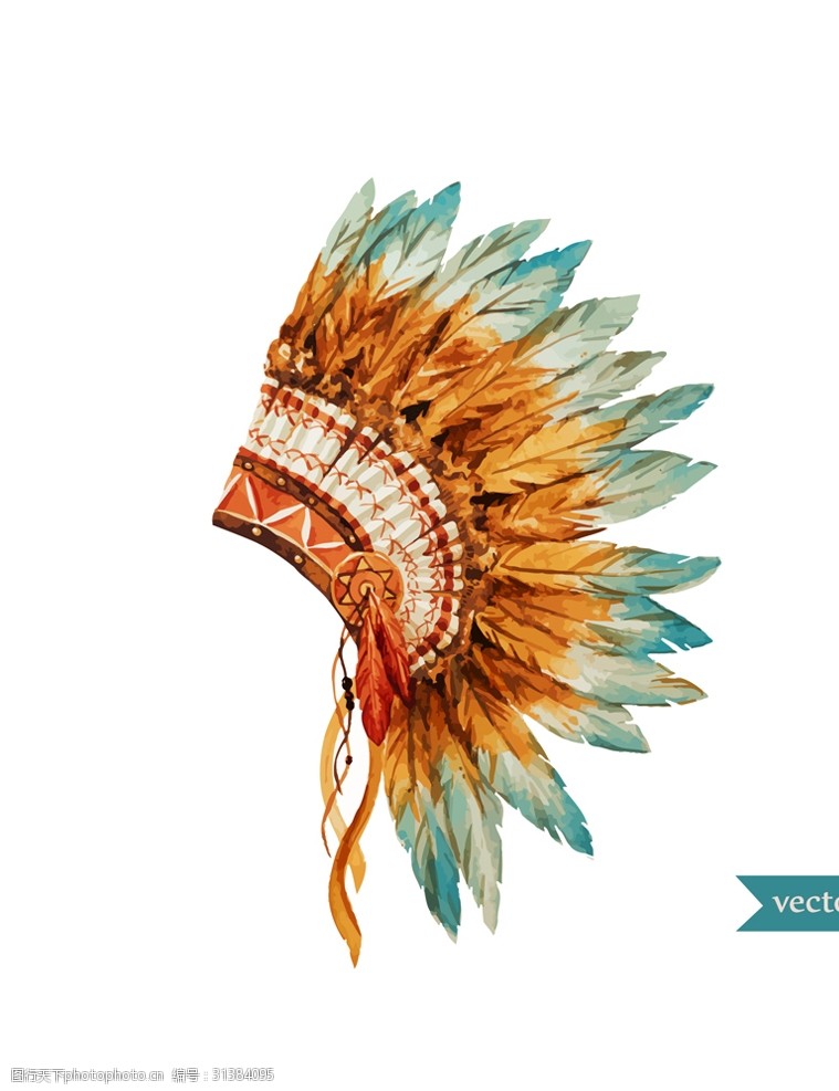广西少数民族图案水彩绘印第安酋长帽