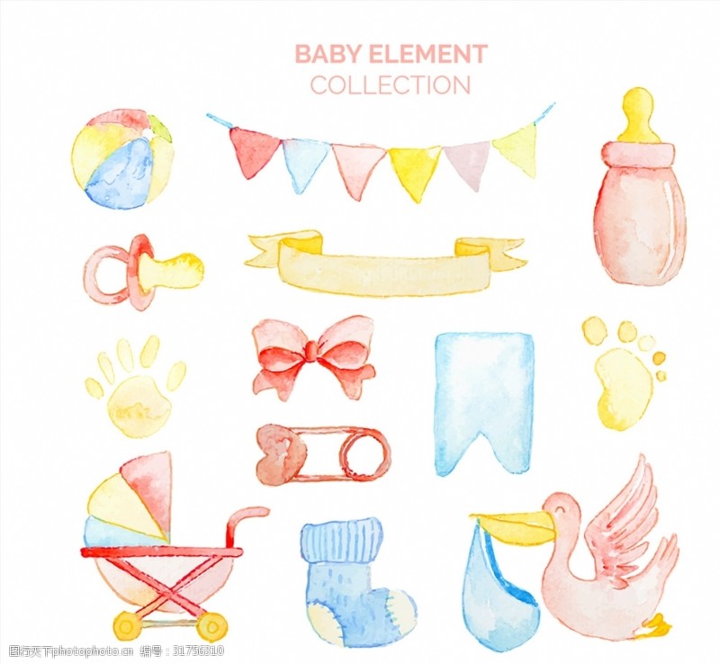 三角拉旗13款水彩绘可爱婴儿元素矢量图