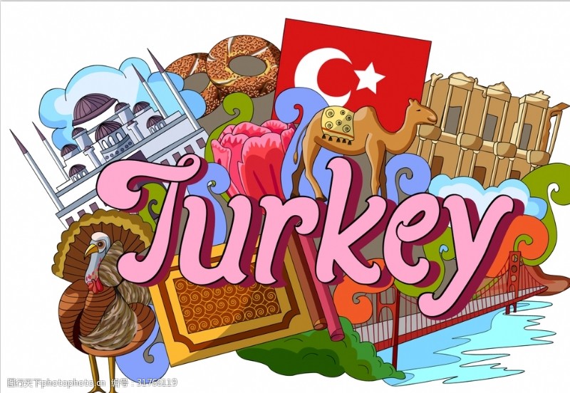 世界著名建筑物土耳其国家手绘插画