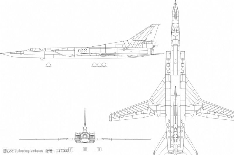 飞机侧翼战略轰炸机图22M3三视图线稿