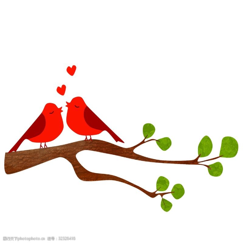 树叶心形站在树枝上的爱情鸟