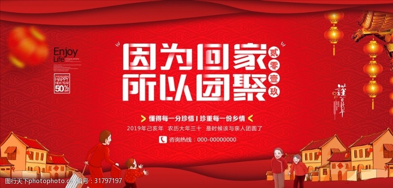 2019元旦快乐中国红猪年团圆户外广告