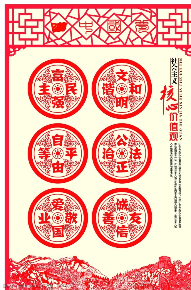 中国梦剪纸剪纸风格社会主义核心价值观展板