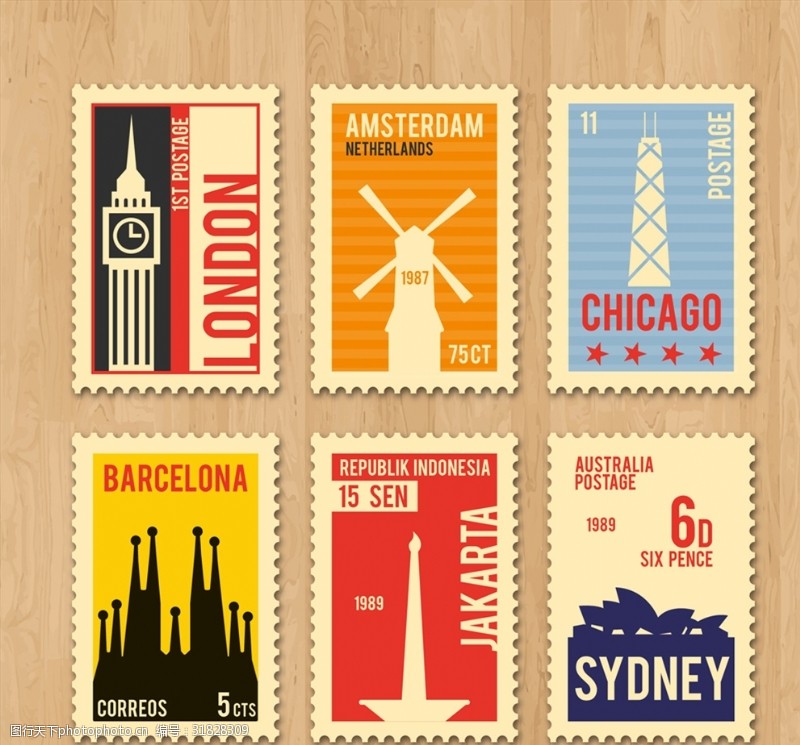 英伦邮票6款复古旅游城市邮票矢量素材