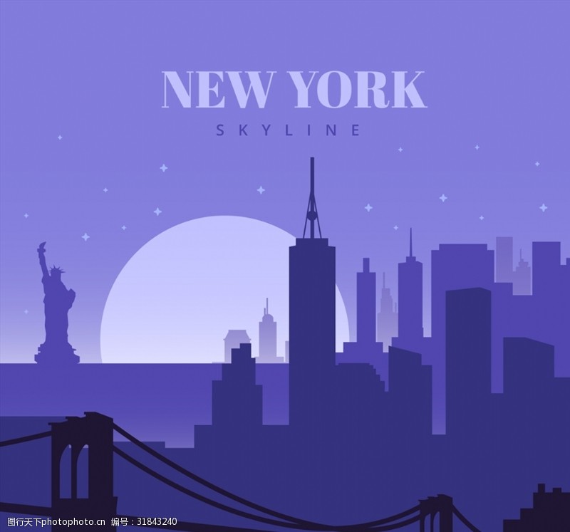 布鲁克创意纽约日落风景剪影矢量素材