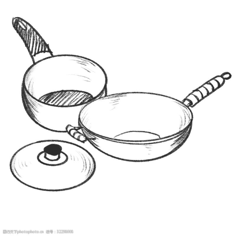 卡通厨房用具黑白简约手绘带盖炒锅厨具套装