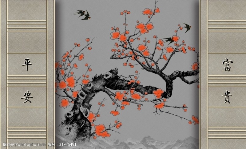 工笔国画新中式手绘梅花背景墙