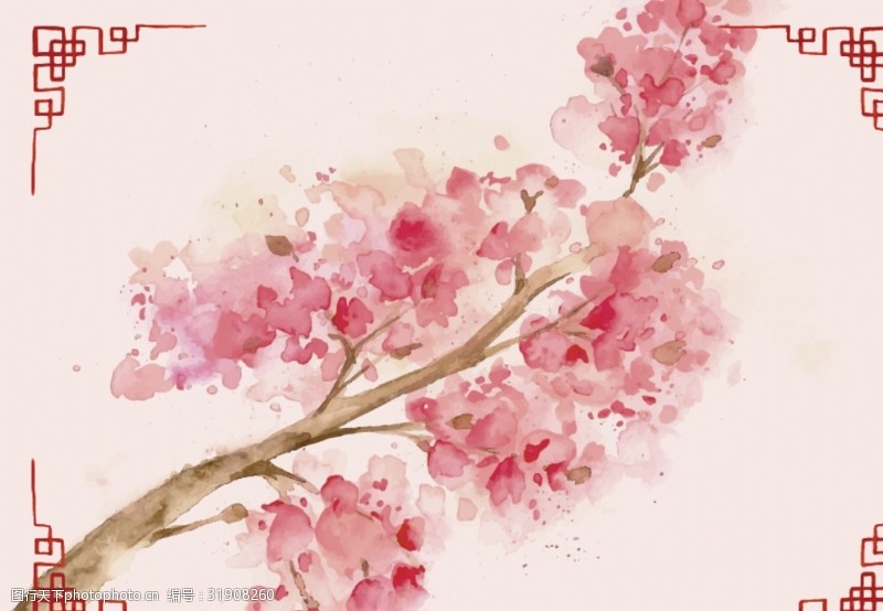 东京樱花中式水彩绘盛开樱花