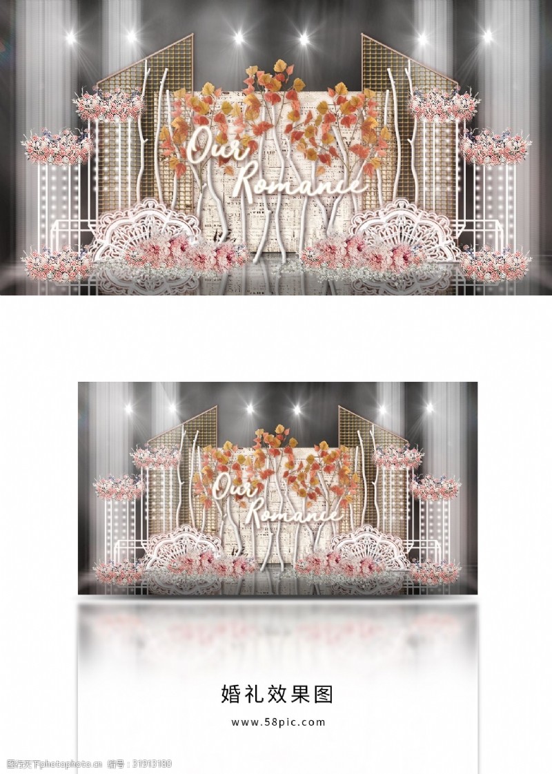 网格纹理字体梦幻秋色白桦林立体舞台铁艺白框婚礼效果图